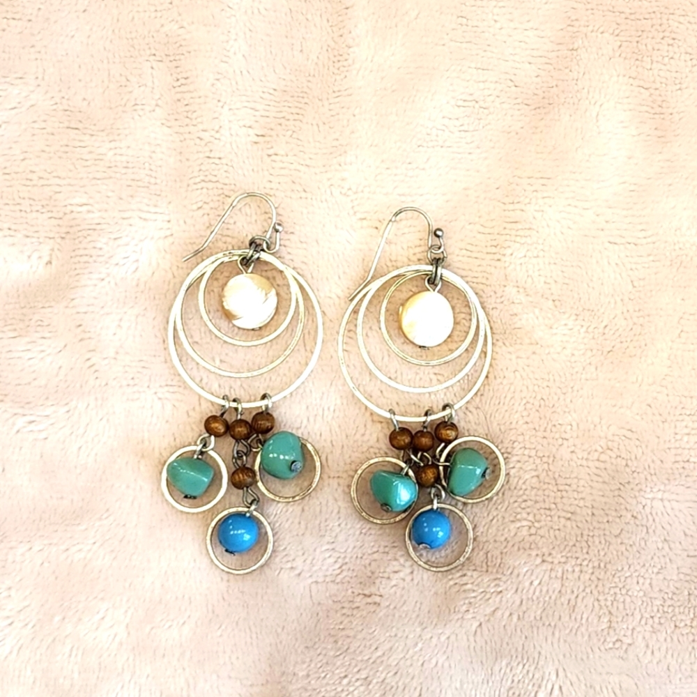 Earrings. Hoop. Silver. Wood. Teal. Green. Shell. Pearl. 2 1/2"